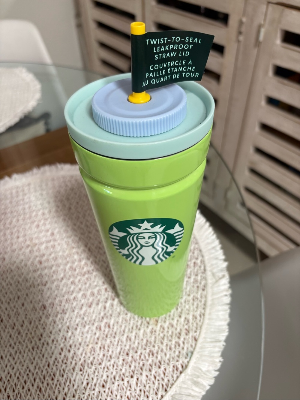 Starbucks Green Travel Tumbler with Light Blue Lid and Yellow Accent